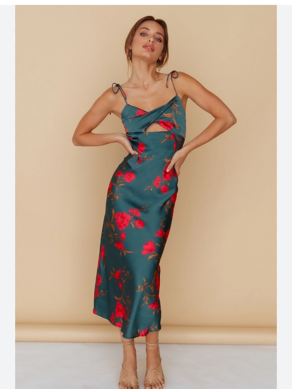 Hello Molly Teal Midi Dress with Red Floral Print